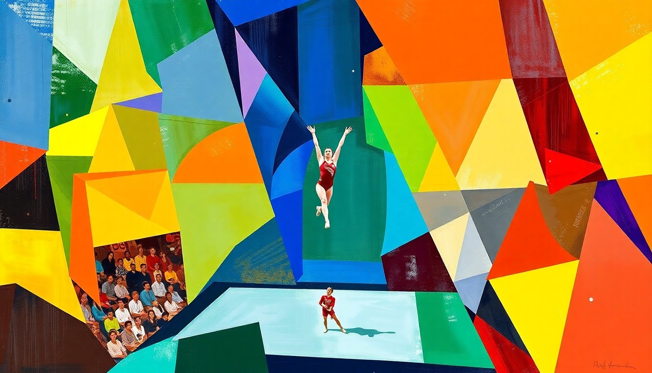 A fragmented, geometric painting depicting gymnasts performing various routines, with sharp angles and overlapping planes of color representing the energy and athleticism of the sport.