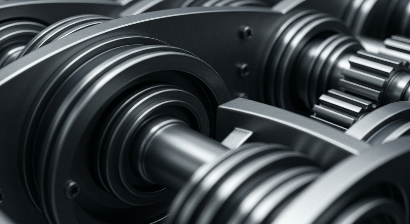 A highly detailed, black-and-white close-up image of complex, industrial-looking banking machinery and mechanisms, conveying a sense of the intricate financial infrastructure behind stock market fluctuations.