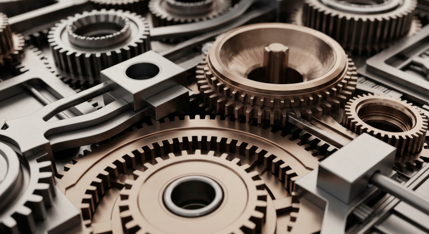 An extreme close-up of intricate, polished metal gears and machinery in shades of steel grey, bronze, and copper, conceptually representing the complex financial and technological infrastructure behind Twist Bioscience's synthetic biology platform.