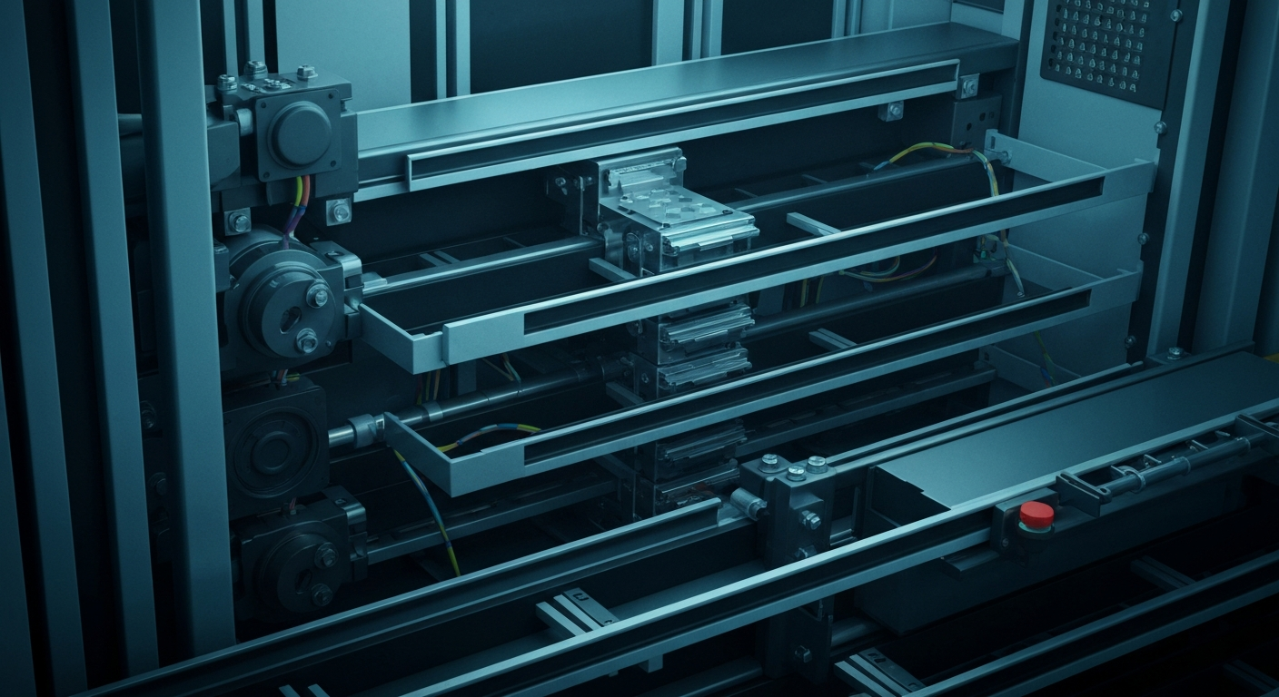 An extreme close-up of the intricate gears, conveyor belts, and robotic arms of an automated grocery fulfillment system, conveying the complex financial and technological infrastructure behind the online grocery delivery industry.