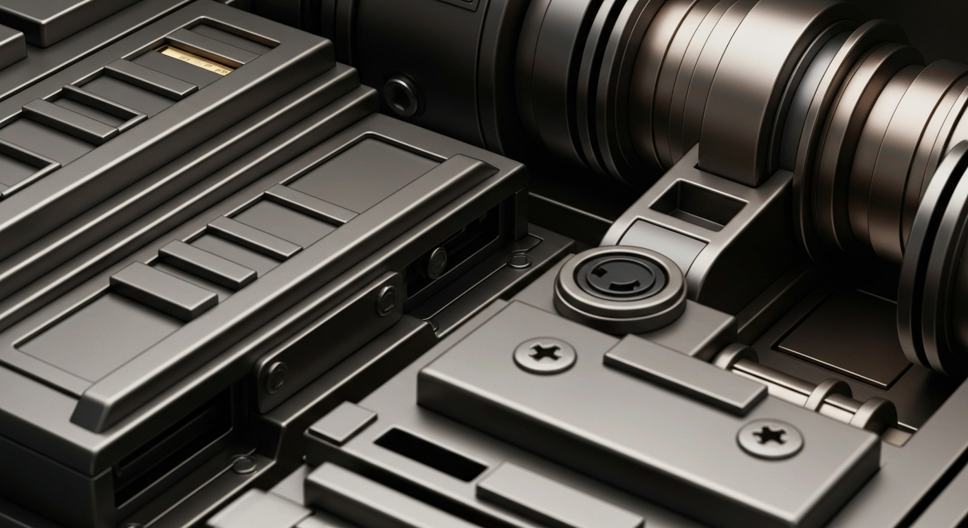 An extreme close-up of gleaming, intricate banking equipment and machinery, conveying the secure, powerful nature of the financial industry without using any text or symbols.