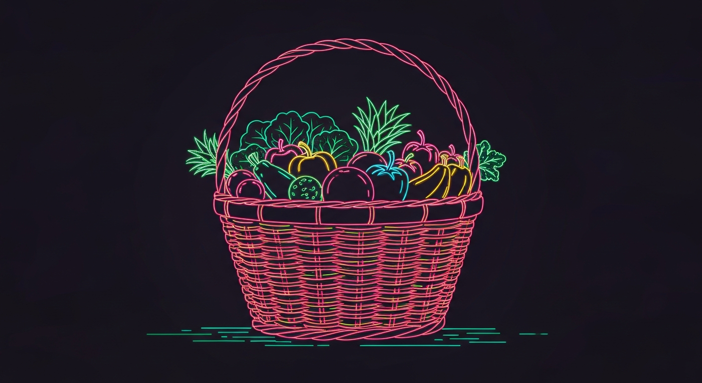 A glowing neon outline illustration of a woven basket overflowing with fresh fruits and vegetables, conceptually representing the energy and impact of a community produce distribution event.