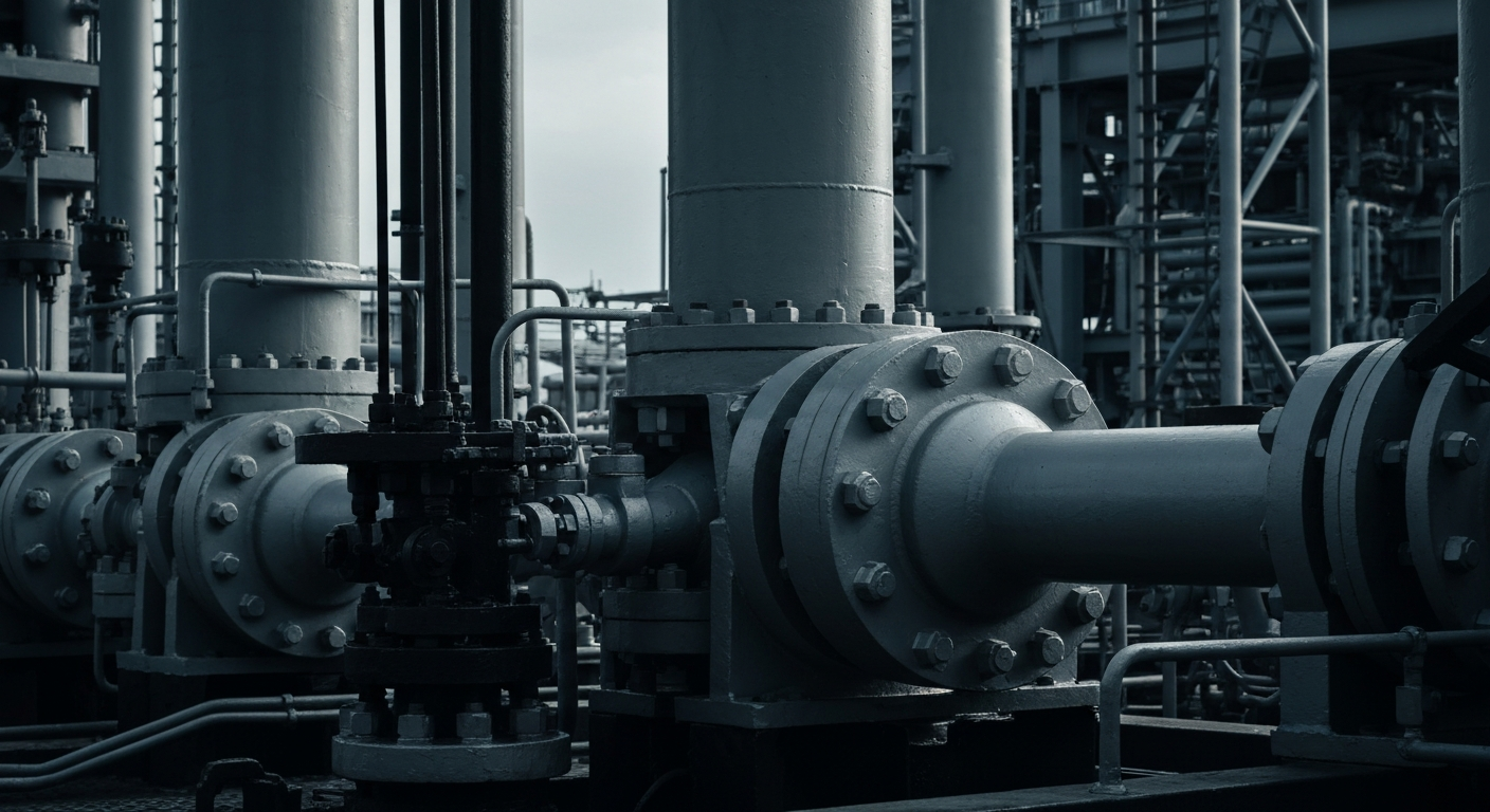 An extreme close-up of industrial oil and gas machinery, with a focus on the heavy, textured components and muted color palette, conceptually representing the financial security and infrastructure of the energy industry.