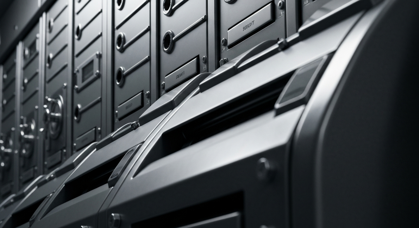 A close-up, cinematic view of heavy, polished industrial machinery and equipment used in the financial services industry, captured in a muted, industrial color palette of grays, blacks, and metallic tones, conveying the power and stability of the financial system without using any literal currency or charts.