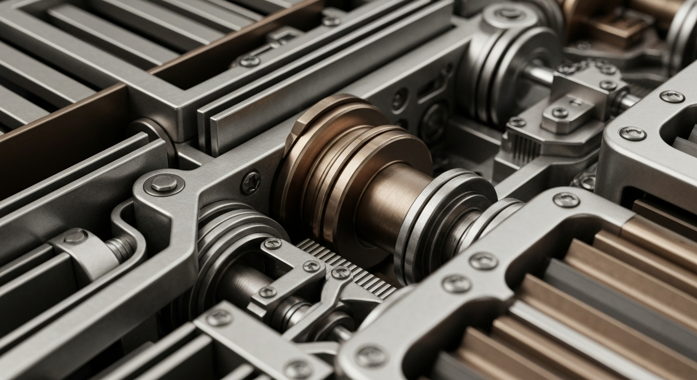 An extreme close-up of complex, interlocking gears and levers in a banking vault, conveying the tangible, industrial nature of financial institutions and the systems that underpin stock market performance.