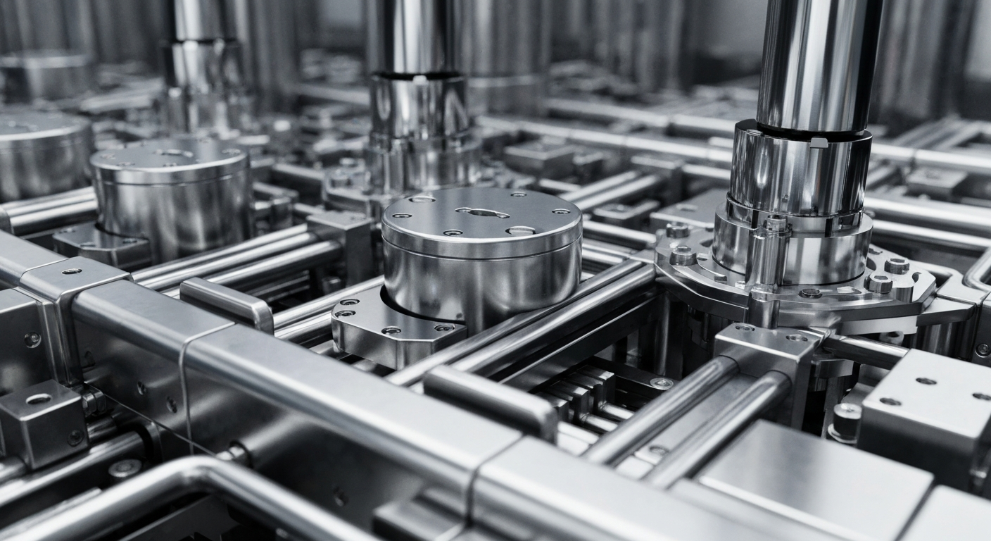 An extreme close-up of highly detailed, gleaming metal machinery and components used in semiconductor manufacturing, conveying the intricate technology and industrial scale behind AXT's business.
