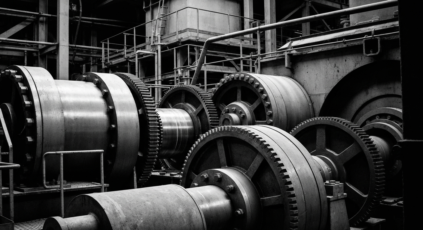 A high-contrast, close-up image of the intricate machinery and gears of an aluminum smelting facility, conveying the raw power and precision of heavy industrial processes that drive the global aluminum supply chain.