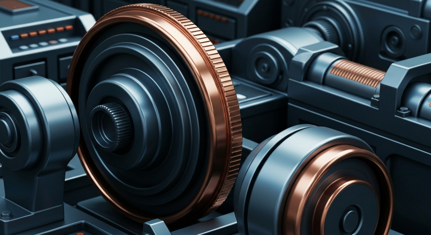 An extreme close-up of heavy, textured industrial machinery and banking equipment in shades of gunmetal grey, steel blue, and copper, conceptually representing the tangible financial security and institutional power of the banking industry.