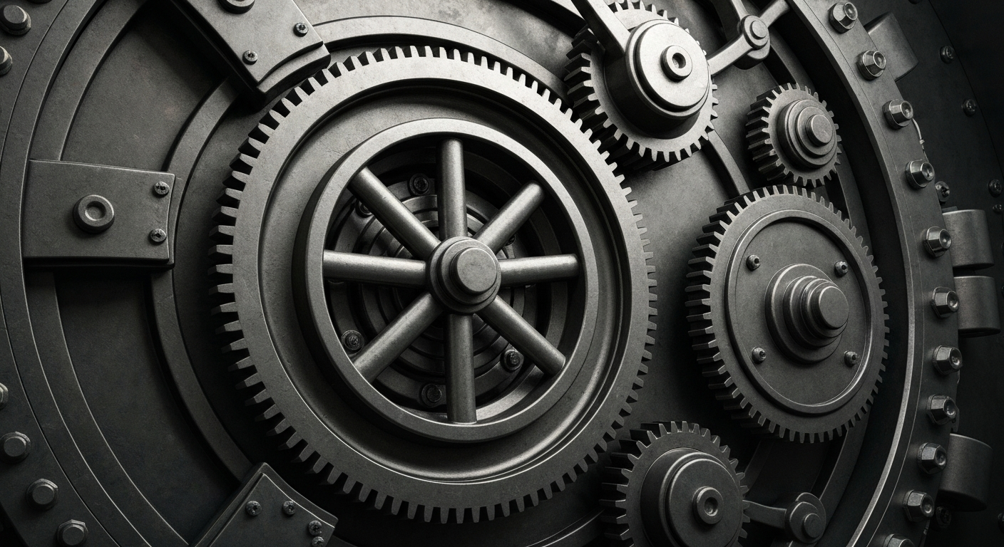 An extreme close-up of a bank vault door, its heavy metal gears and hinges filling the frame, conceptually representing the changing role of traditional financial institutions in an era where younger generations prioritize community and experiences over individual wealth accumulation.