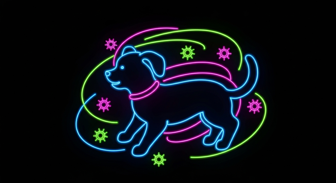 A glowing neon outline of a playful dog or cat silhouette, surrounded by swirling neon lines representing airborne allergens, conceptually illustrating the impact of pet allergies.