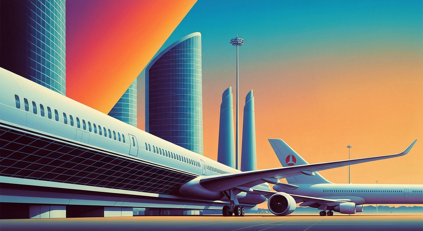 A highly stylized, geometric illustration depicting the towering form of an airport terminal or aircraft in shades of blue, grey, and silver, conveying the technical sophistication and engineering challenges of modern air travel.
