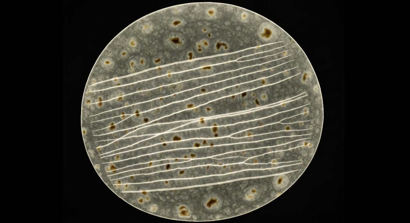 A ghostly, translucent X-ray photograph revealing the internal structure of a corn tortilla as glowing lines against a dark background, conceptually representing the hidden nutritional deficiencies in traditional Latino foods and the need for folic acid fortification.