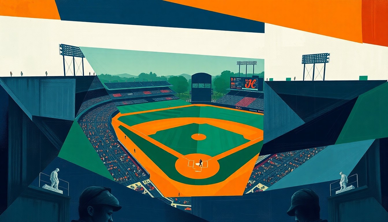 A fragmented, geometric painting depicting a baseball game broken down into sharp, overlapping planes of navy, green, and orange, conveying the unconventional nature of this non-conference matchup between ACC opponents.