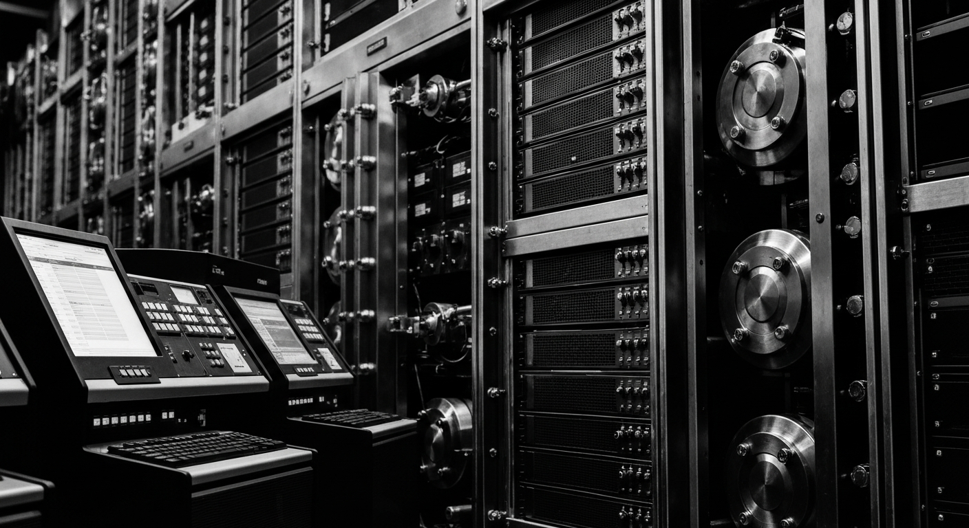 A close-up, high-contrast black-and-white image of complex financial machinery, conveying a sense of the power and security of the financial system.