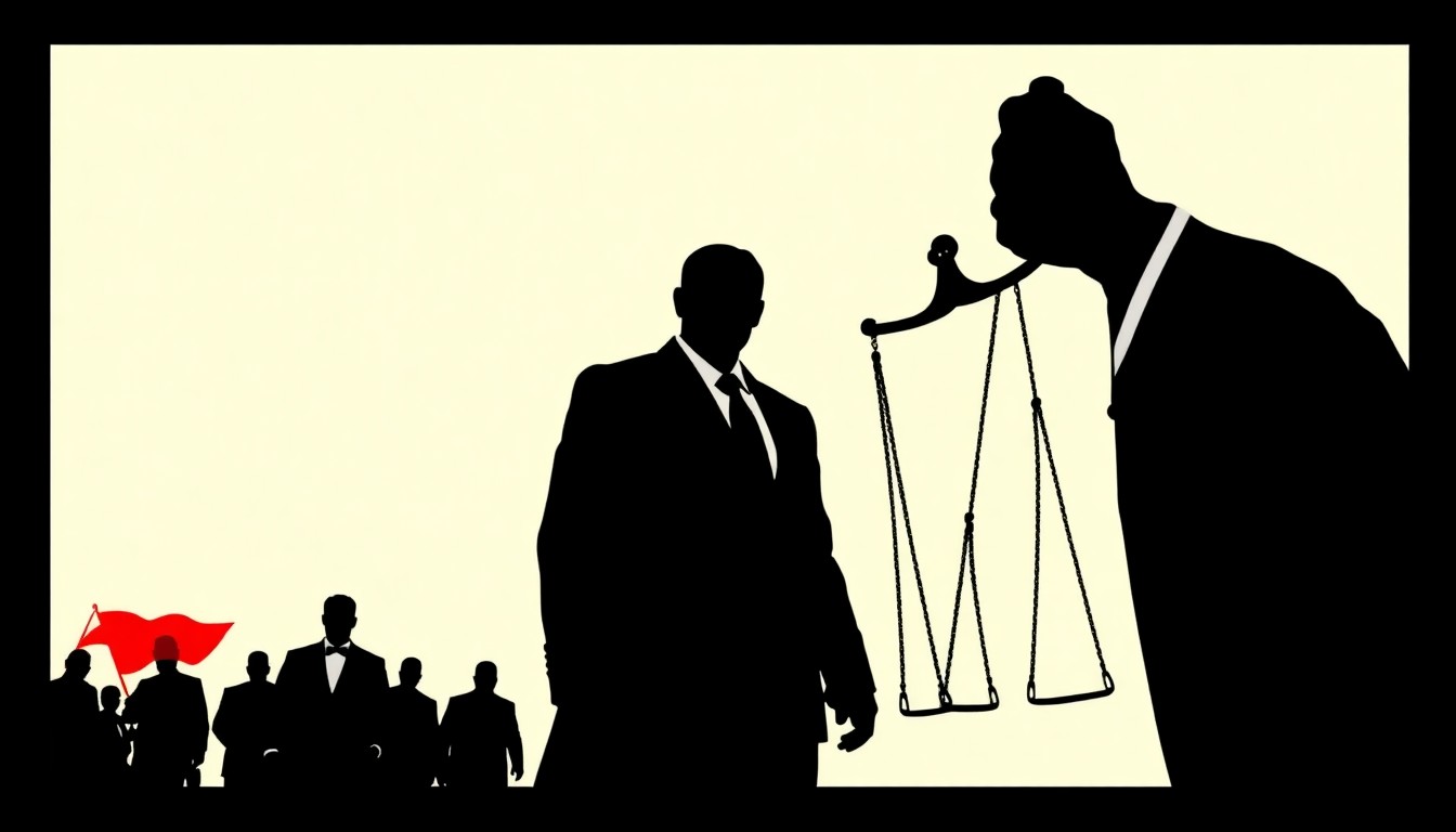 An abstract illustration using bold black shapes and high-contrast colors to conceptually represent the themes of power, corruption, and the pursuit of justice.
