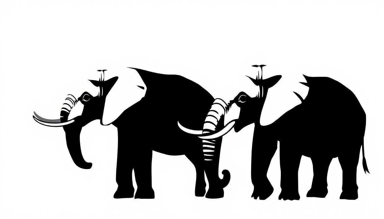 A minimalist black and white illustration depicting the silhouettes of two elephants in profile, with jagged, angular shapes suggesting their captivity and the ongoing struggle for their freedom.