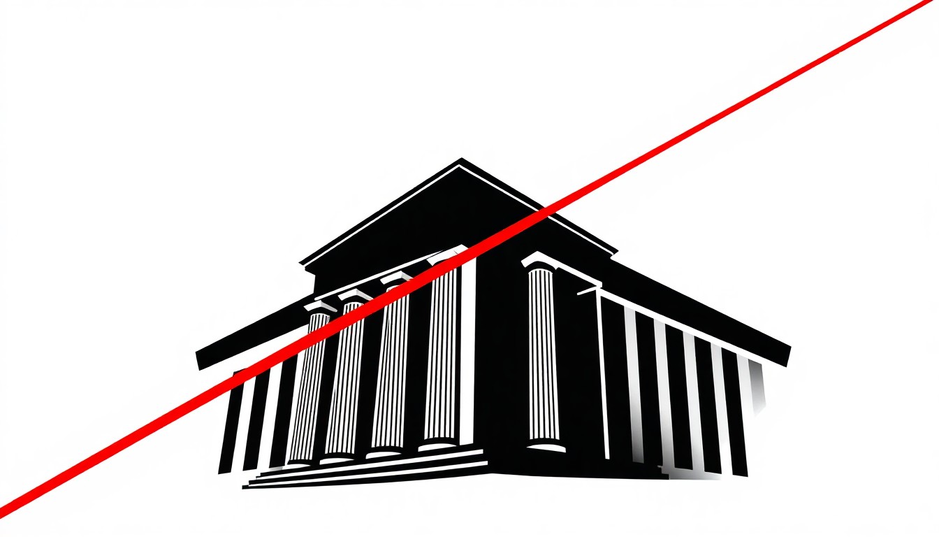 A dramatic black and white silhouette of an angular bank building, with a single bold red line cutting across the frame in a conceptual illustration representing the challenges of adapting a cinematic crime story to the theater.