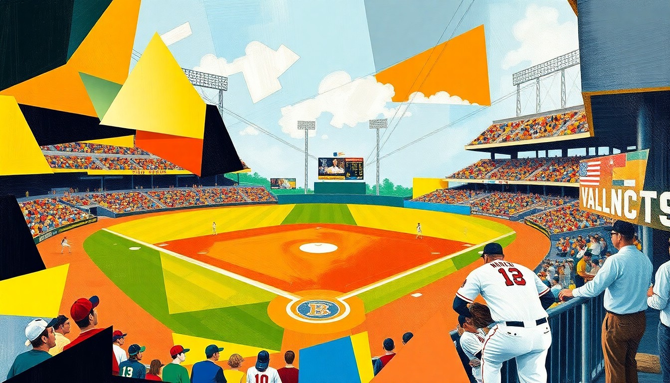 A fragmented, geometric painting depicting the action and energy of a high school baseball game, with the dominant team colors representing the competing schools.