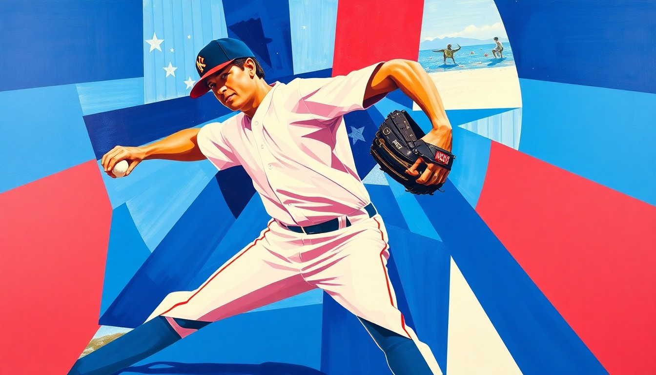 A fractured, geometric painting depicting a baseball pitcher's motion broken down into sharp, overlapping planes of blue, white, and red.