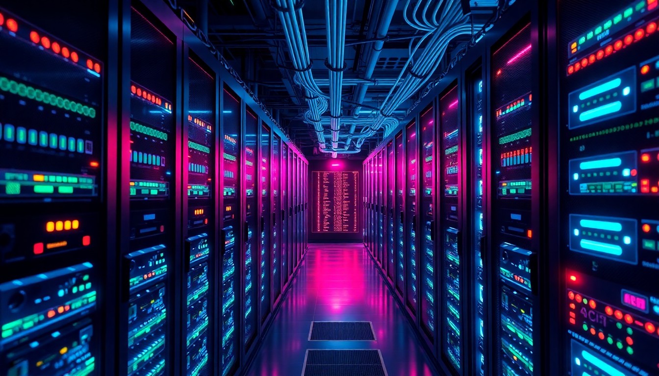 A highly detailed, glowing 3D illustration of a secure, networked data center infrastructure with illuminated server racks, fiber optic cables, and cybersecurity monitoring systems, conceptually representing the technological innovations that are enabling enterprises to improve security and reduce costs.