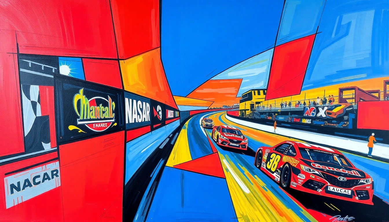 A fragmented, geometric painting in bold colors depicting a NASCAR race scene, conveying the energy and significance of Casey Mears' 500th career start.