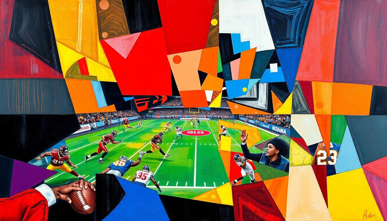A cubist, geometric painting depicting the negotiation and signing of an NFL free agent contract, with sharp, overlapping shapes and planes in a vibrant color palette representing the energy and intensity of the process.