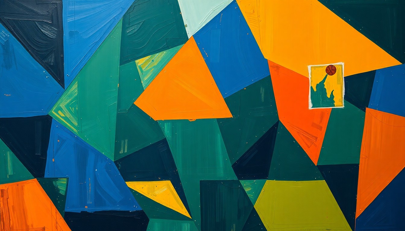 A fractured, abstract painting depicting a basketball game, with sharp geometric shapes in navy, green, and orange overlapping to create a sense of motion and intensity.