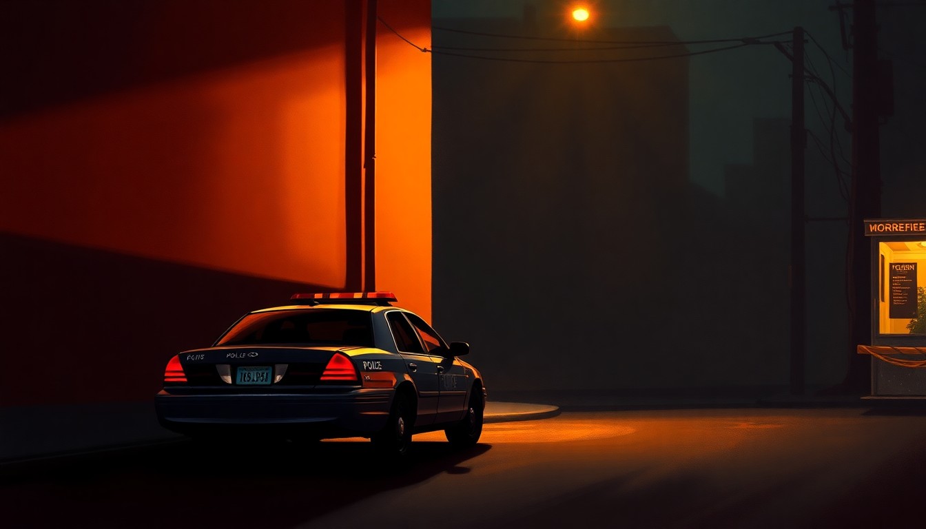 A photorealistic painting of a solitary police car parked on a shadowy urban street, the warm sunlight creating a sense of quiet contemplation and the potential for tension.