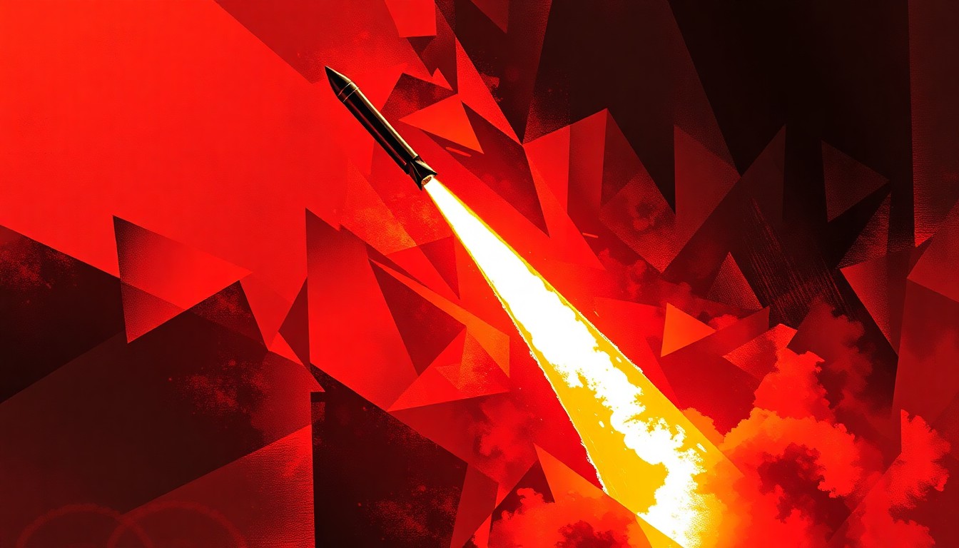 A dynamic, abstract painting featuring overlapping, fractured geometric shapes in shades of red, orange, and black, conceptually representing the escalating tensions and potential for military confrontation between the U.S. and Iran over missile strikes.