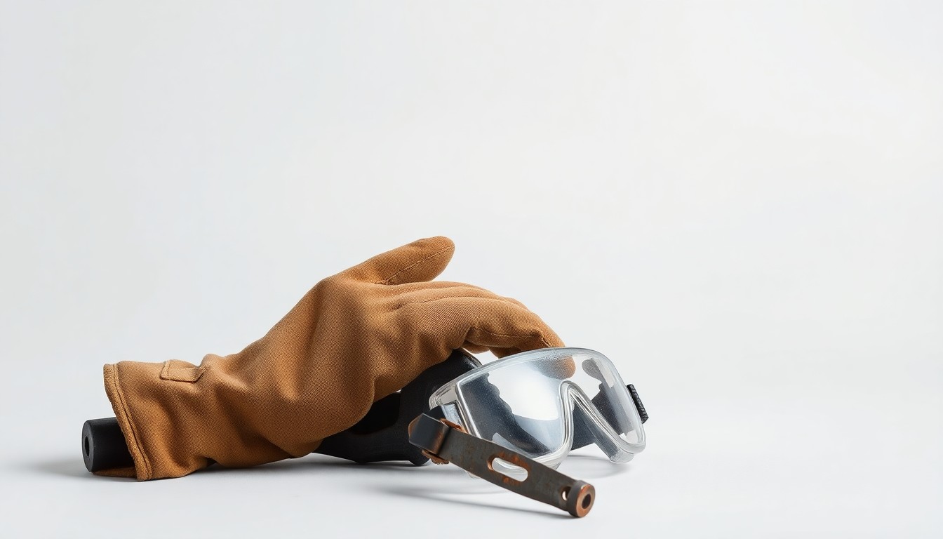 A photorealistic studio still life featuring a crumpled worker's glove, a rusty metal tool, and a broken safety goggle arranged on a clean, monochromatic background, conceptually representing the unsafe working conditions faced by warehouse employees.