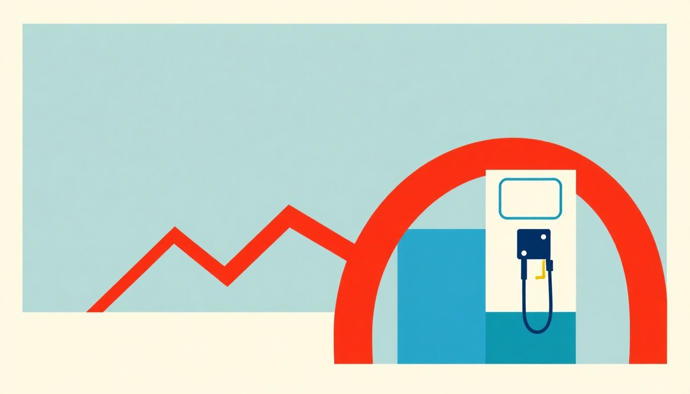 A minimalist, abstract illustration using bold geometric shapes and primary colors to conceptually represent the rising cost of gasoline and its economic impact, without any text or literal depictions.