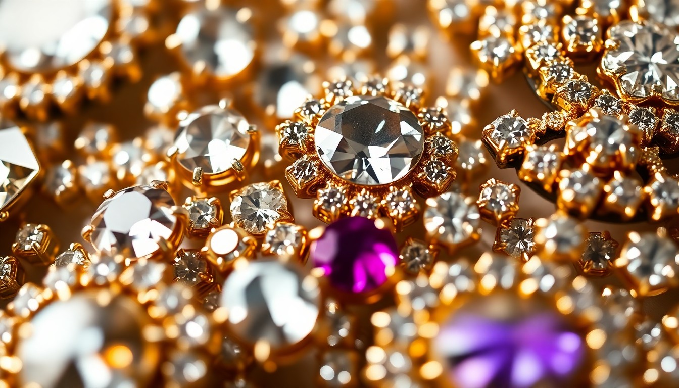 An abstract close-up photograph of luxurious royal jewelry textures, including diamonds, gold, and gemstones, capturing the glamour and opulence of the British monarchy through dramatic studio lighting and high contrast.