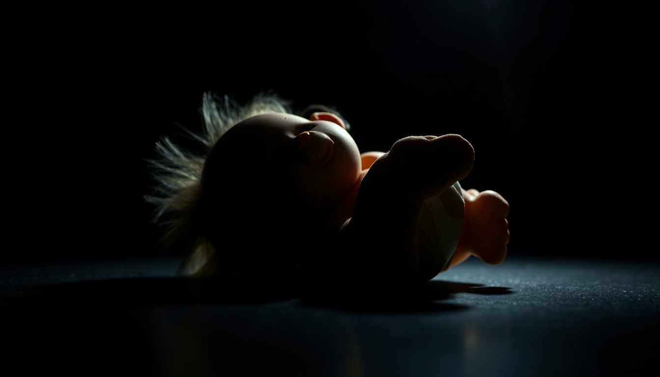 An extreme close-up photograph of a broken, tattered child's toy against a pitch-black background, conveying the gritty, investigative nature of this tragic child abuse case.