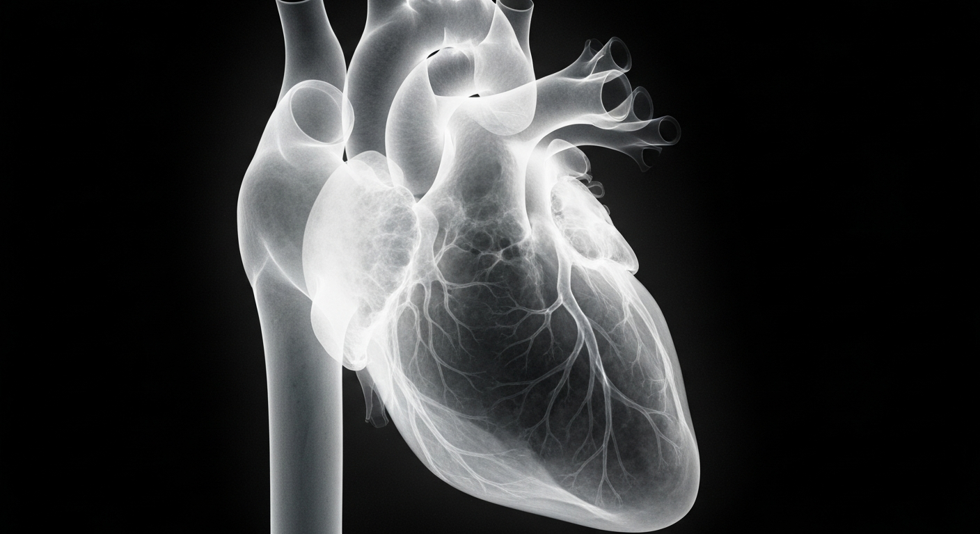 A ghostly, translucent X-ray photograph revealing the intricate internal structures of a human heart, conveying the fragility and complexity of the organ affected by AL Amyloidosis.