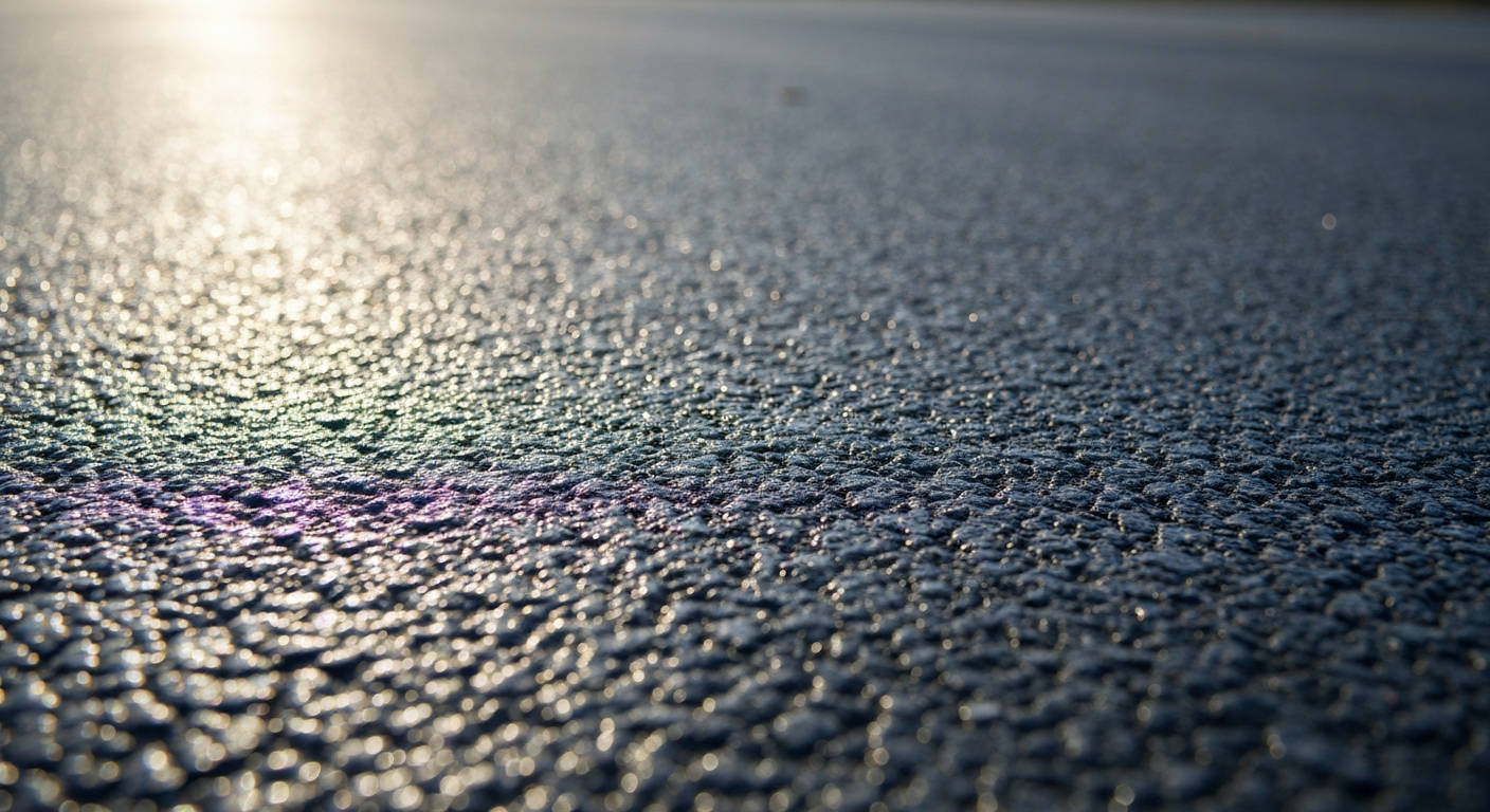 An extreme close-up photograph showcasing the detailed, pebbled texture of freshly paved asphalt in muted earth tones, conveying the durable materials used to resurface Dubuque's city streets.