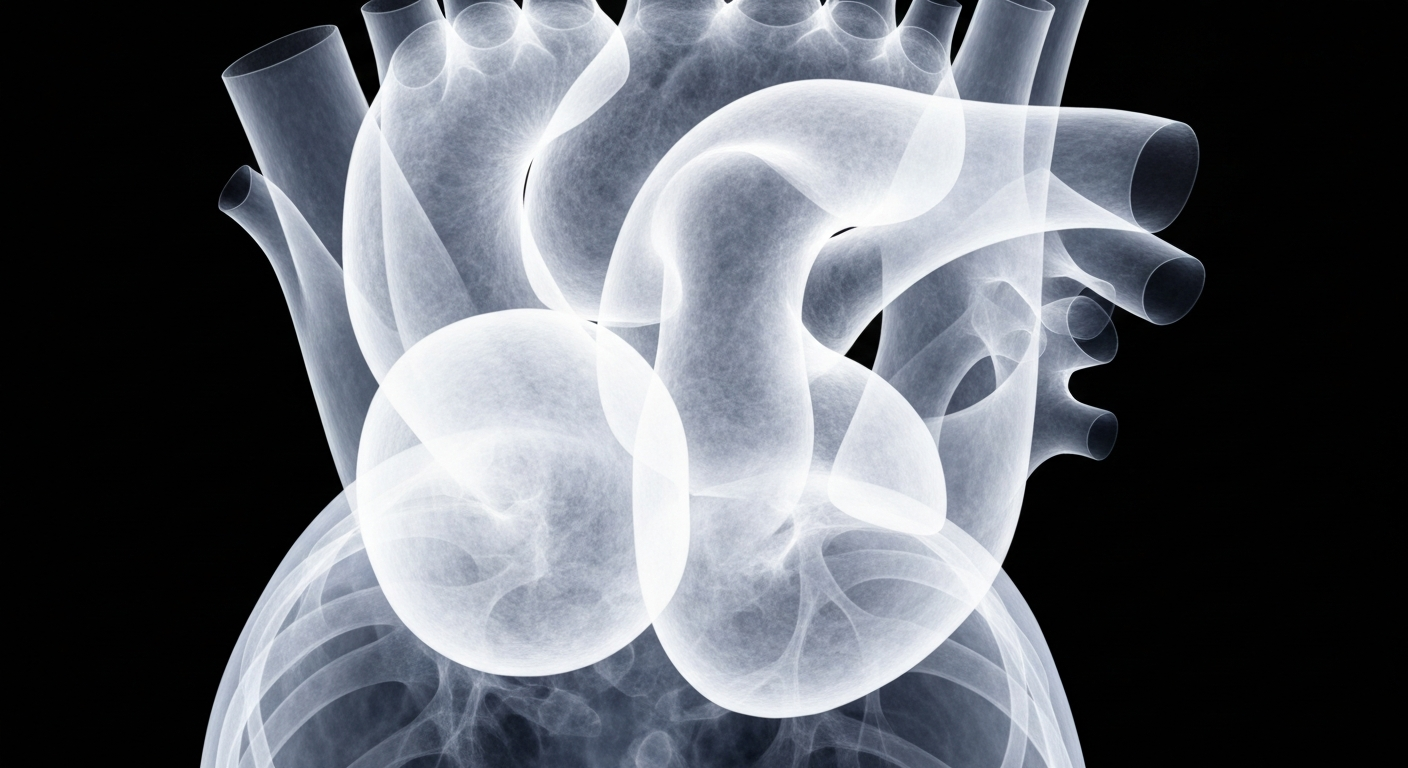 A ghostly, translucent X-ray image revealing the internal structure of a human heart with a thickened left ventricle, conceptually illustrating the anatomical changes associated with obstructive hypertrophic cardiomyopathy.