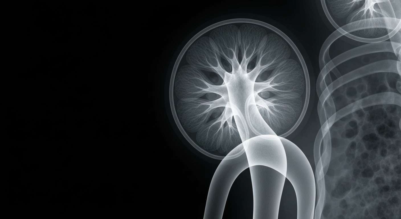 A ghostly, translucent X-ray image revealing the detailed internal structure of a human kidney, visually representing the new mechanistic insights into Calliditas' IgA nephropathy treatment.