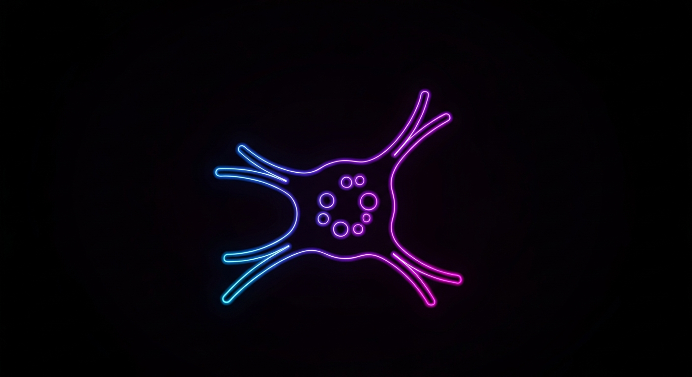 A glowing, neon-outlined illustration of a stylized human T cell, rendered in vibrant shades of blue, purple, and pink against a dark background, conceptually representing the energy and potential of in vivo CAR-T therapy technology.