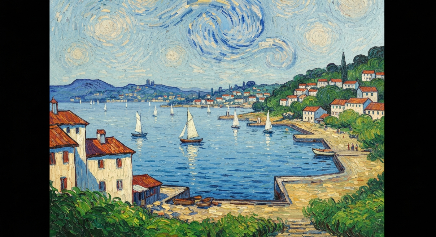 A textured oil painting in the style of Vincent Van Gogh, depicting a scenic lakeside town with sailboats on the water, using bold, expressive brushstrokes and a vibrant color palette to capture the essence of a charming Midwest travel destination.