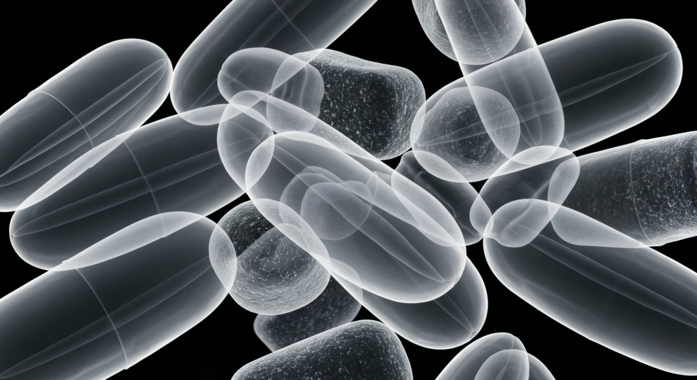 An extreme close-up X-ray photograph showing the internal structure of probiotic capsules and gummies, conceptually illustrating the science-backed formulation of the new Black Girl Vitamins vaginal wellness product.