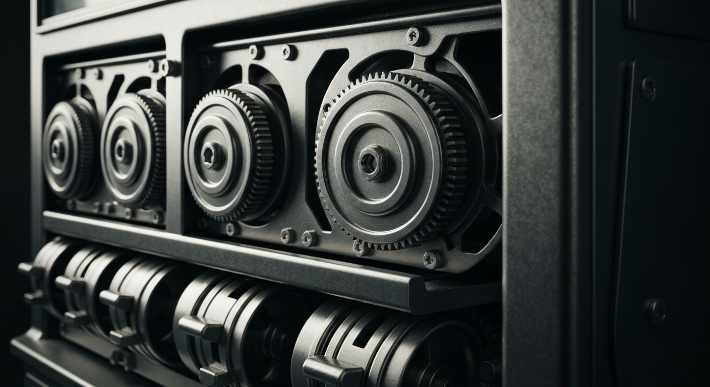 An extreme close-up of the intricate metal gears and mechanisms of a lottery ticket dispenser machine, dramatically lit to evoke a sense of industrial power and financial security.