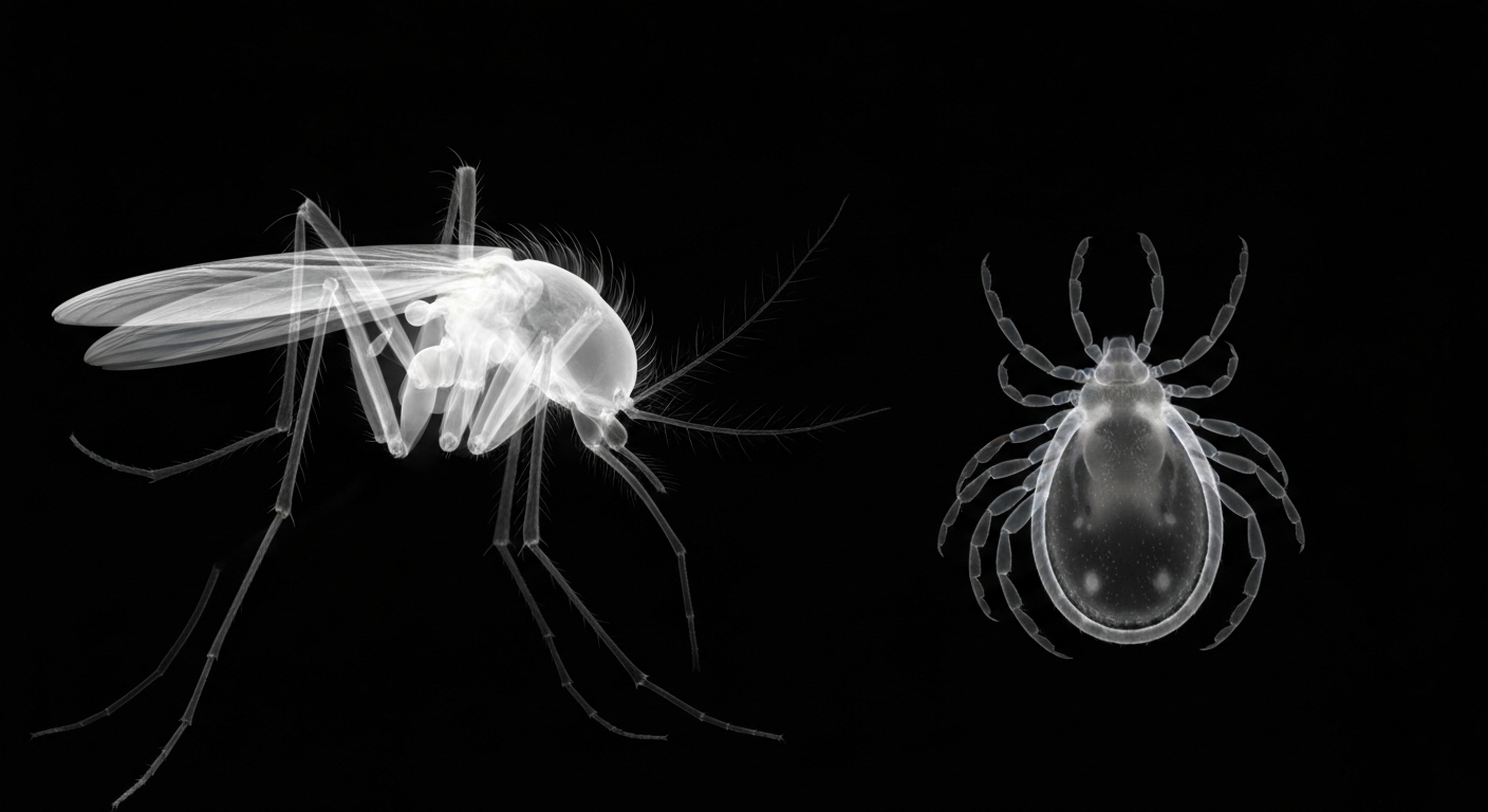 A translucent, ghostly X-ray photograph revealing the internal structures of a mosquito and a tick against a dark background, conceptually representing the environmental health threats that the Oswego County Health Department is educating the public about.