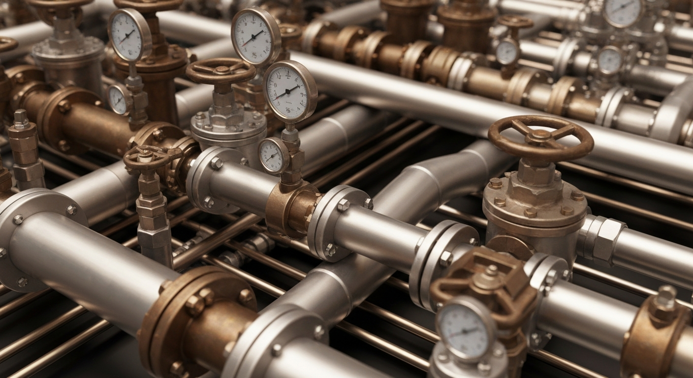 An extreme close-up of a tangle of metal pipes, valves, and gauges, representing the intricate financial infrastructure that supports the aviation industry.