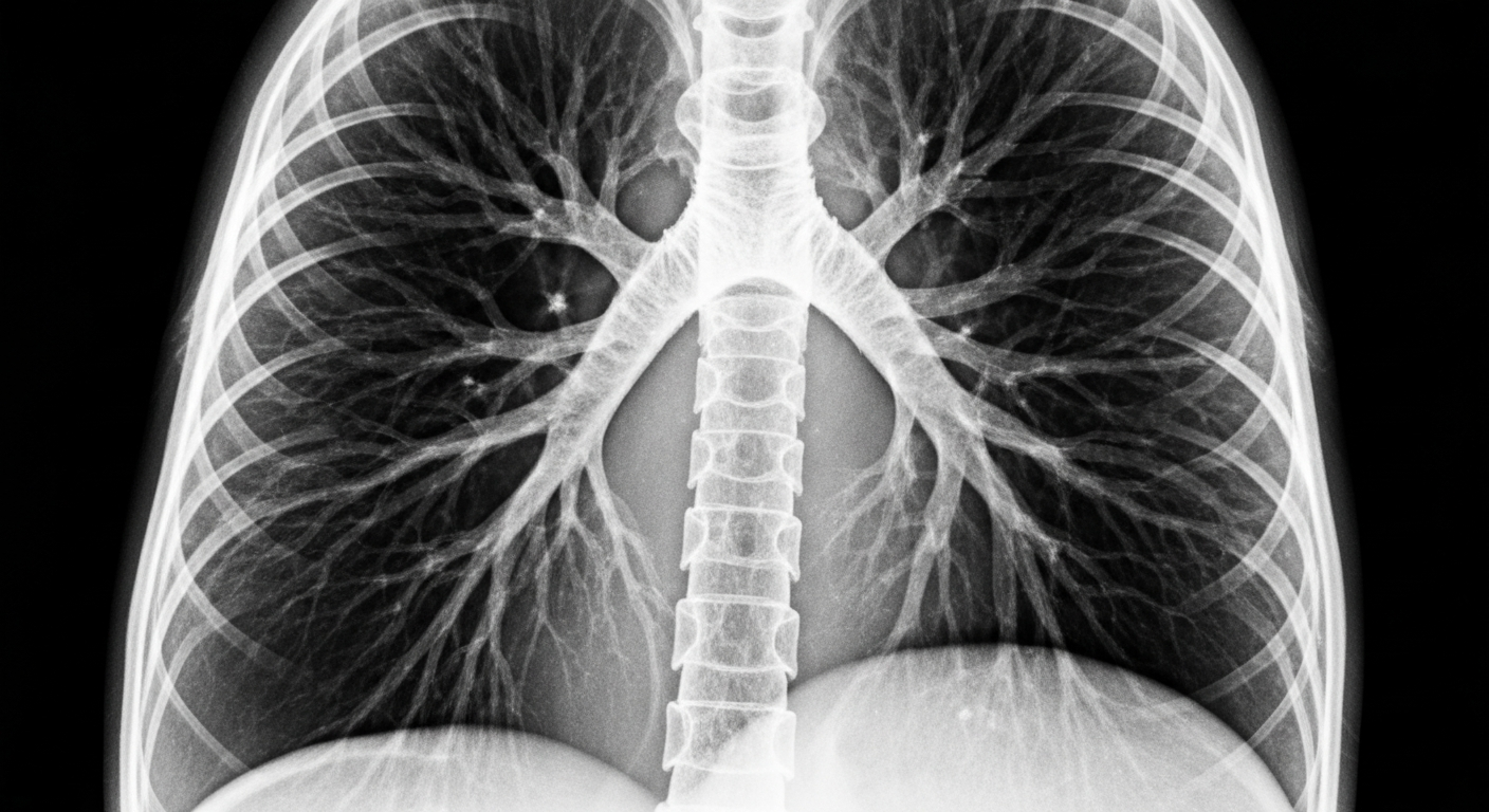 An extreme close-up X-ray image revealing the delicate, ghostly structure of human lungs, conceptually illustrating the potential of a new treatment for pulmonary hypertension.