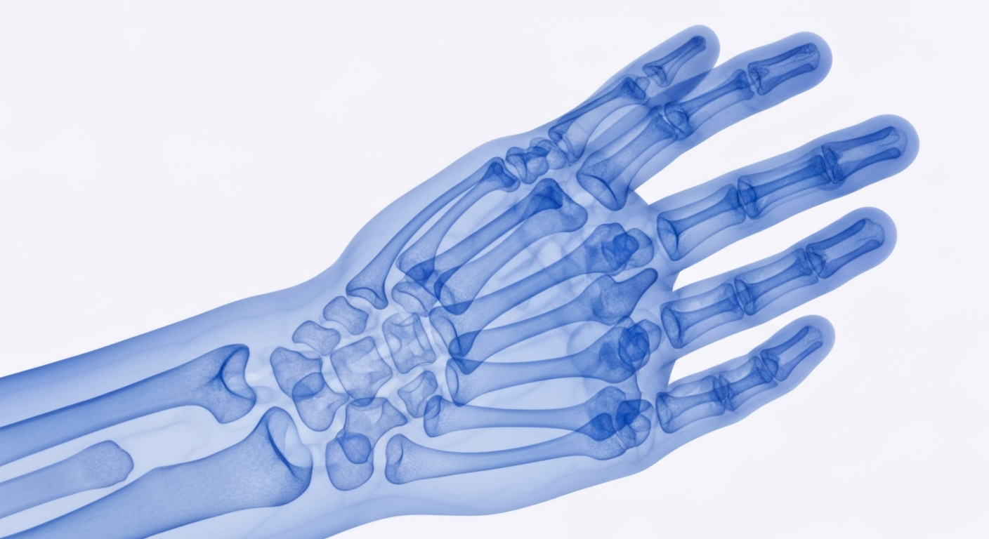 An extreme close-up X-ray image revealing the delicate bone structure and veins of a human hand, conveying the complex internal workings of the body in a ghostly, ethereal manner.