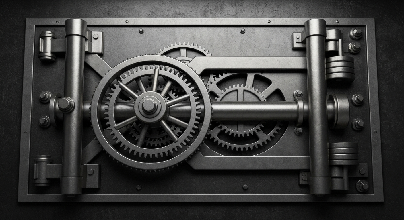 An extreme close-up of the intricate gears and mechanisms of a heavy bank vault door, representing the complex financial planning required for retirement.