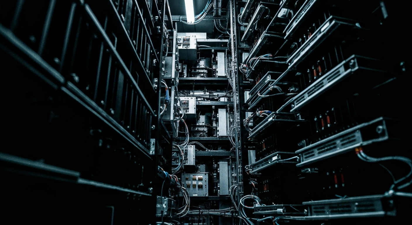 An extreme close-up of the intricate, industrial machinery and components that make up the inner workings of a high-tech data center, conveying the complexity and importance of the specialized infrastructure that TSS helps to design, build, and maintain.