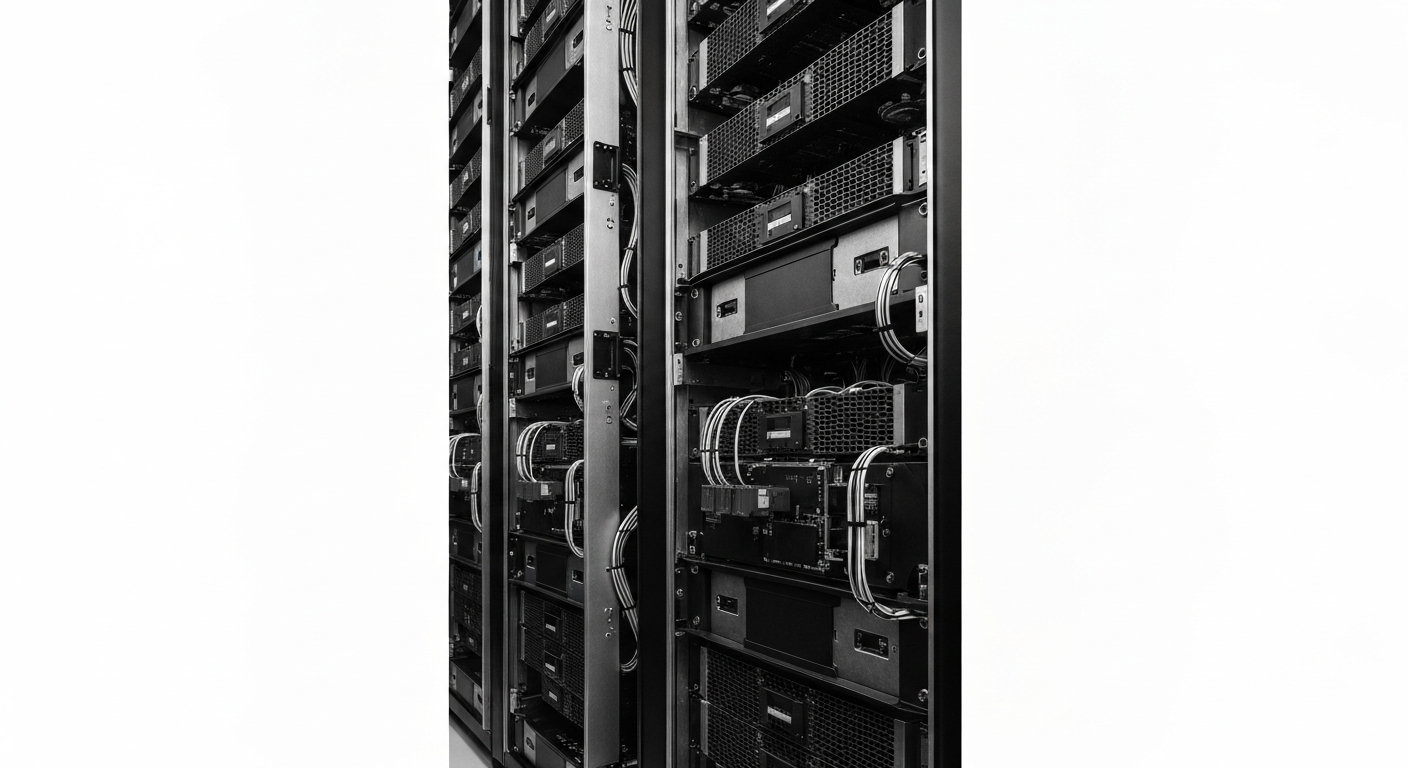A high-contrast, black and white close-up image of the intricate, heavy machinery and components that make up the physical infrastructure of a modern data center, representing the technological backbone of Netflix's streaming platform.