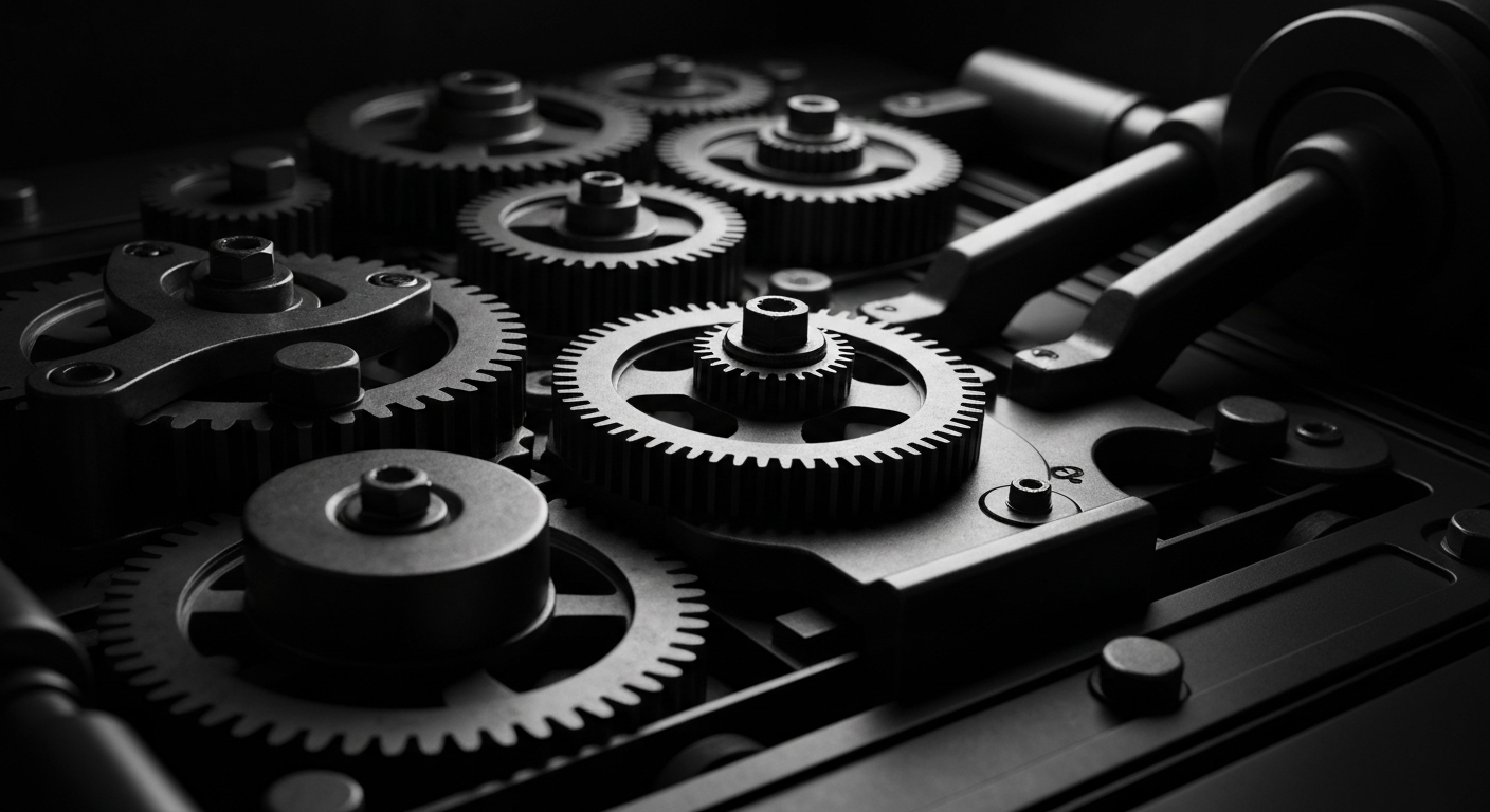 An extreme close-up of a complex array of industrial gears, levers, and mechanical components in a dark, shadowy setting, conveying the intricate financial infrastructure underlying a biotech company's stock performance.