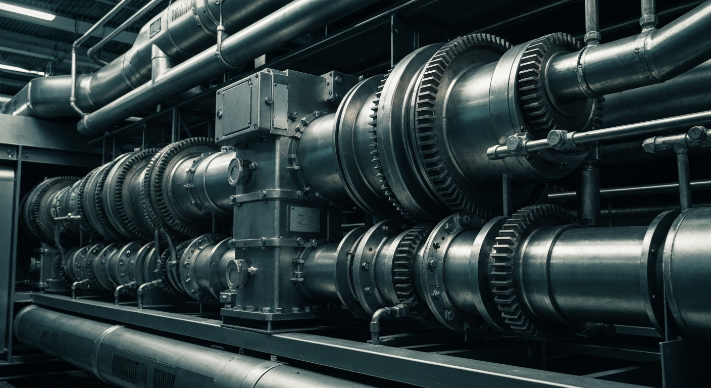 An extreme close-up of the intricate gears, valves, and components of an industrial HVAC system, conveying the technical expertise required to design and maintain mission-critical infrastructure.